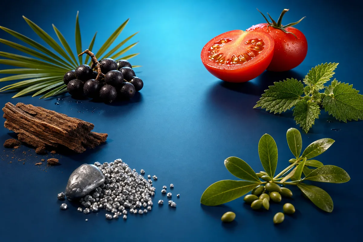 Activos naturales de Prostavit junto al frasco: bayas de saw palmetto, tomate para el licopeno y hoja de ortiga para la salud de la próstata