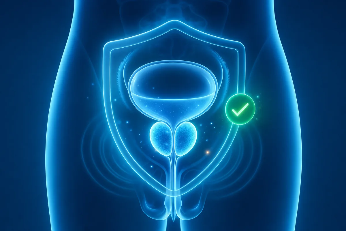 Concepto de salud de la próstata y confort urinario que apoya Prostavit